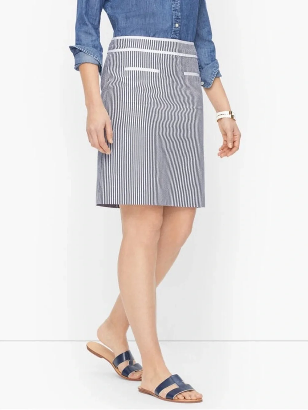 TALBOTS Skirt Size 8P Navy White Stripe Cotton Classic A-Line Lined Seersucker